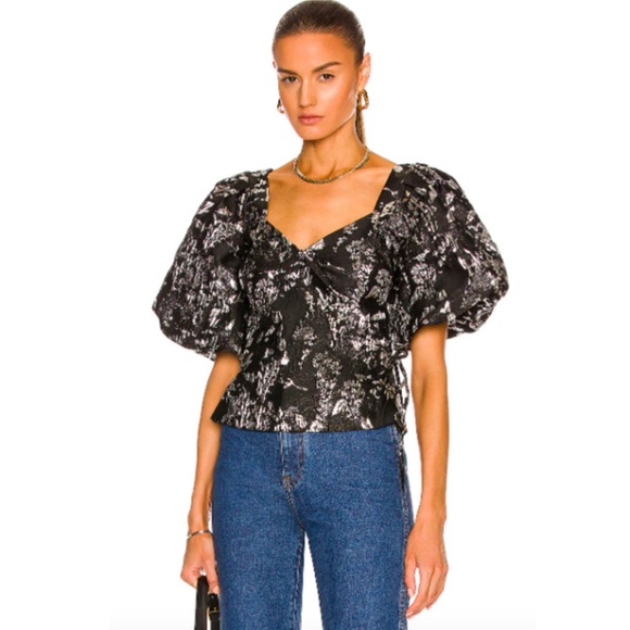 JONATHAN SIMKHAI Taylor Puff Balloon Sleeve Faux Wrap Black Metallic Top Size 4 - Picture 1 of 12